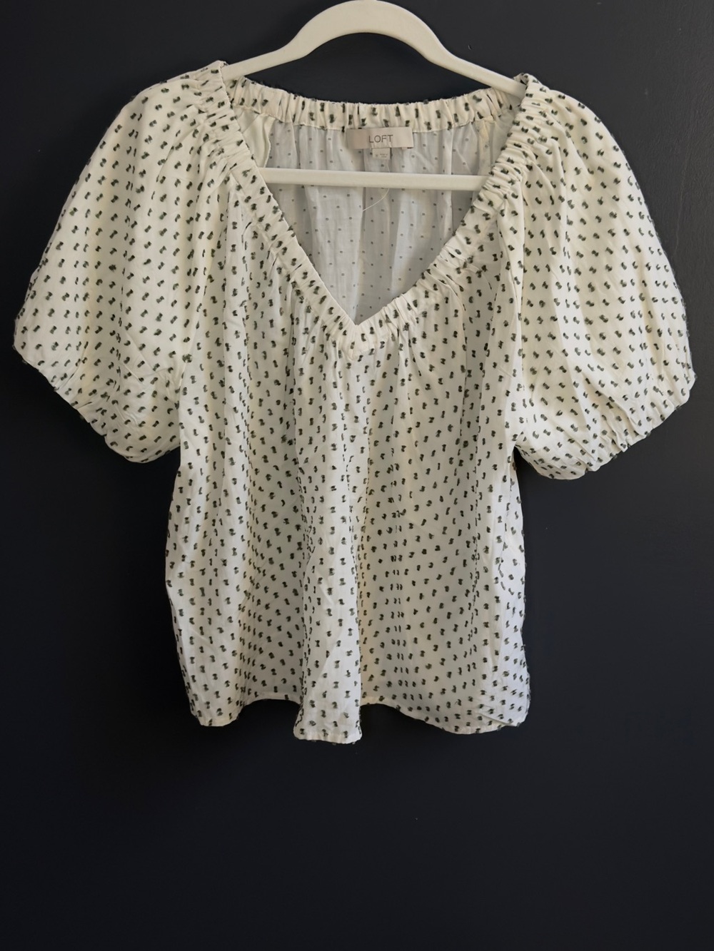 LOFT Cream Blouse with Black Micro Dot Print and Puff Sleeves